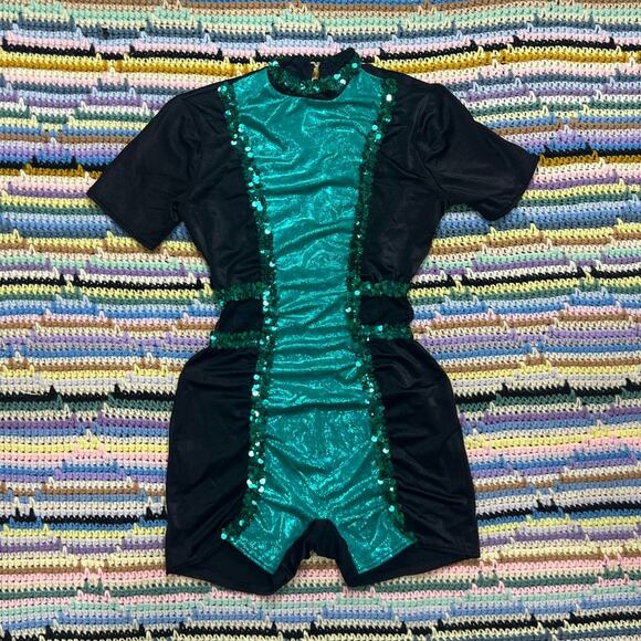 70s/80s teal/black sequin bodysuit romper - Picture 1 of 8